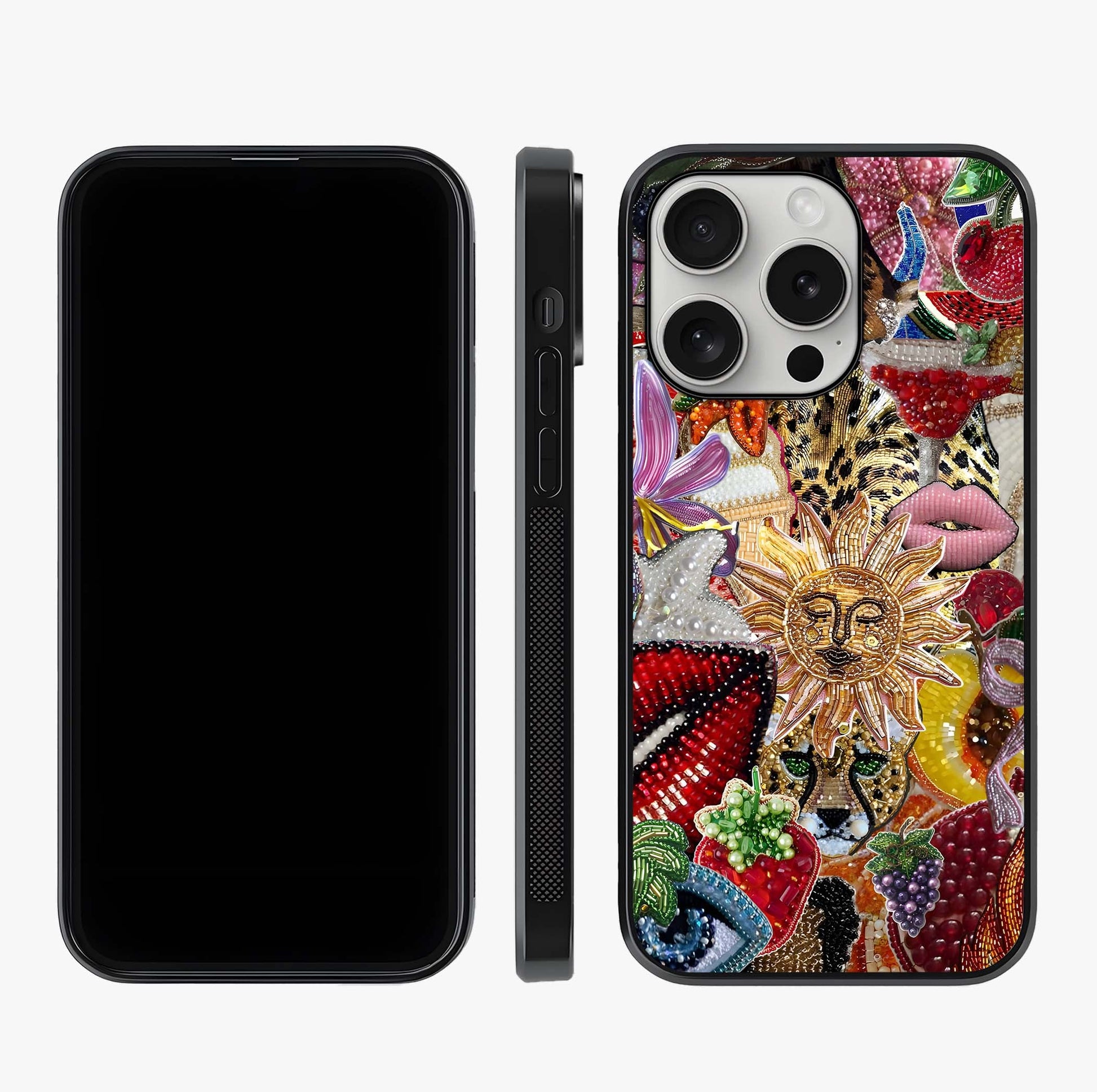 Beaded Fashion Jungle Glass Case displayed upright for full design visibility and premium finish.