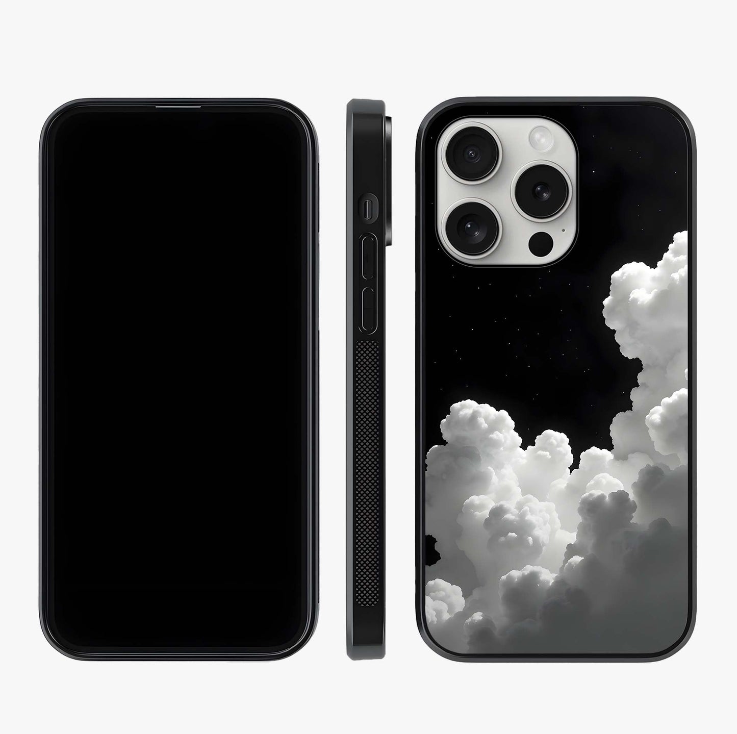 Black Background With White Cloud Glass Case displayed upright for full design visibility and premium finish.