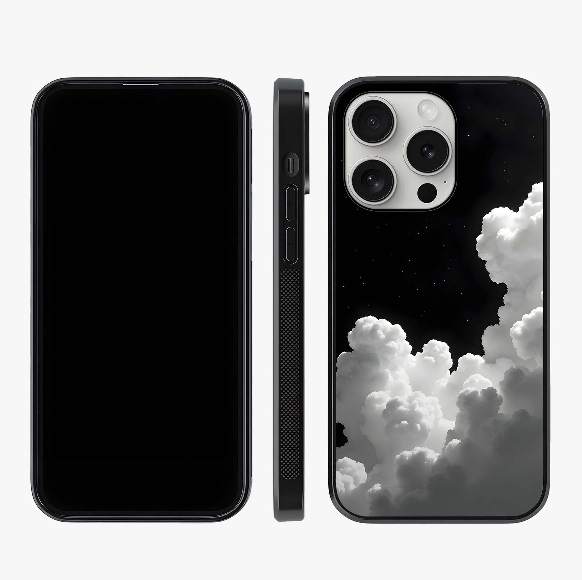 Black Background With White Cloud Glass Case displayed upright for full design visibility and premium finish.