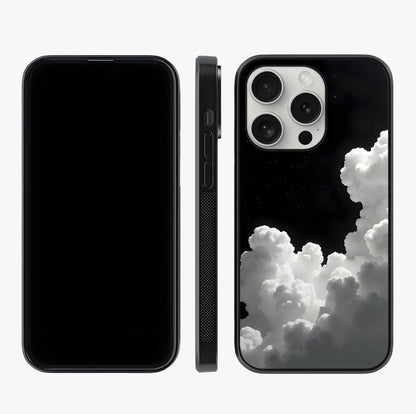 Black Background With White Cloud Glass Case displayed upright for full design visibility and premium finish.