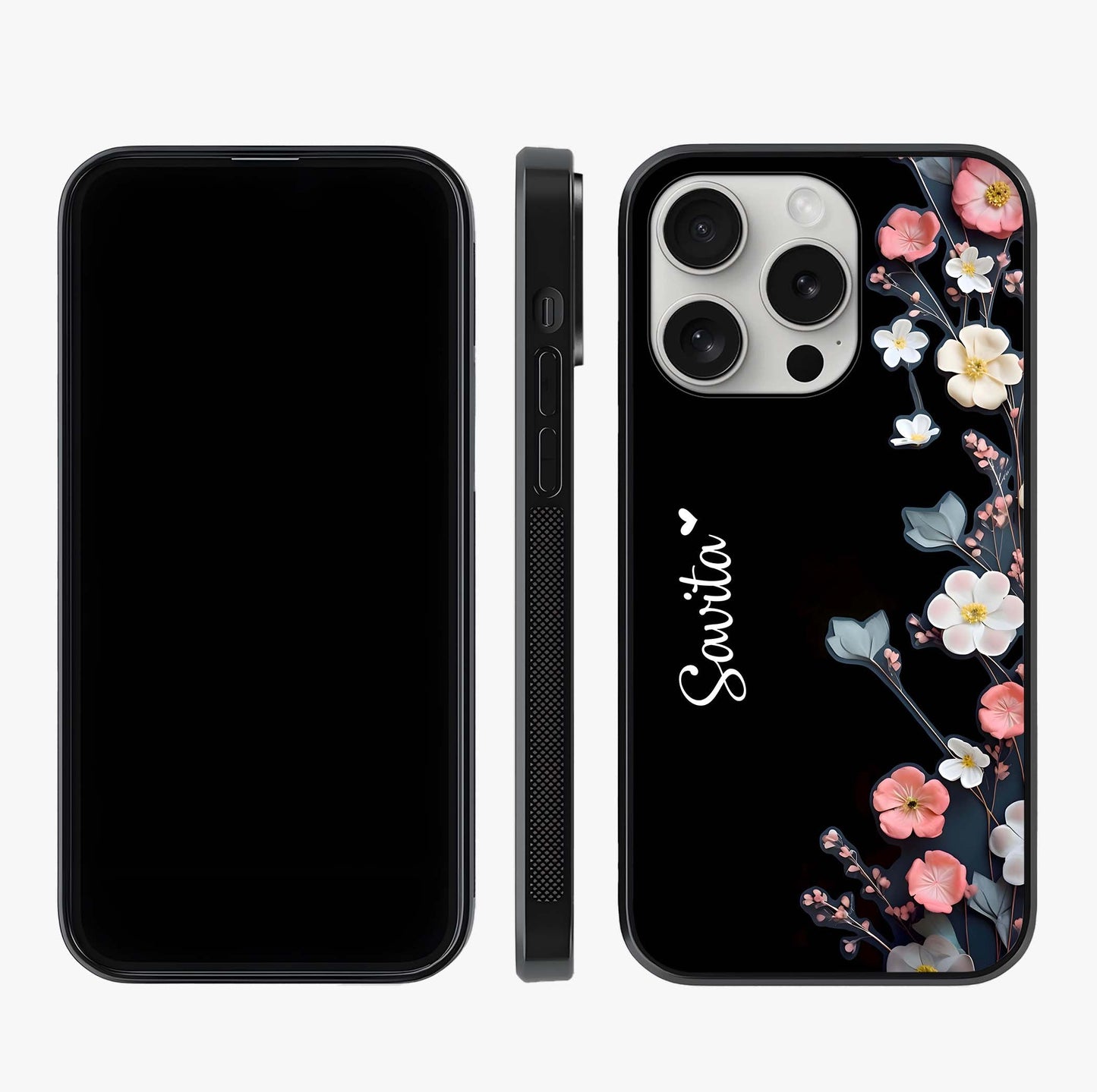 Black Elegance Floral Custom Name Glass Case displayed upright for full design visibility and premium finish.