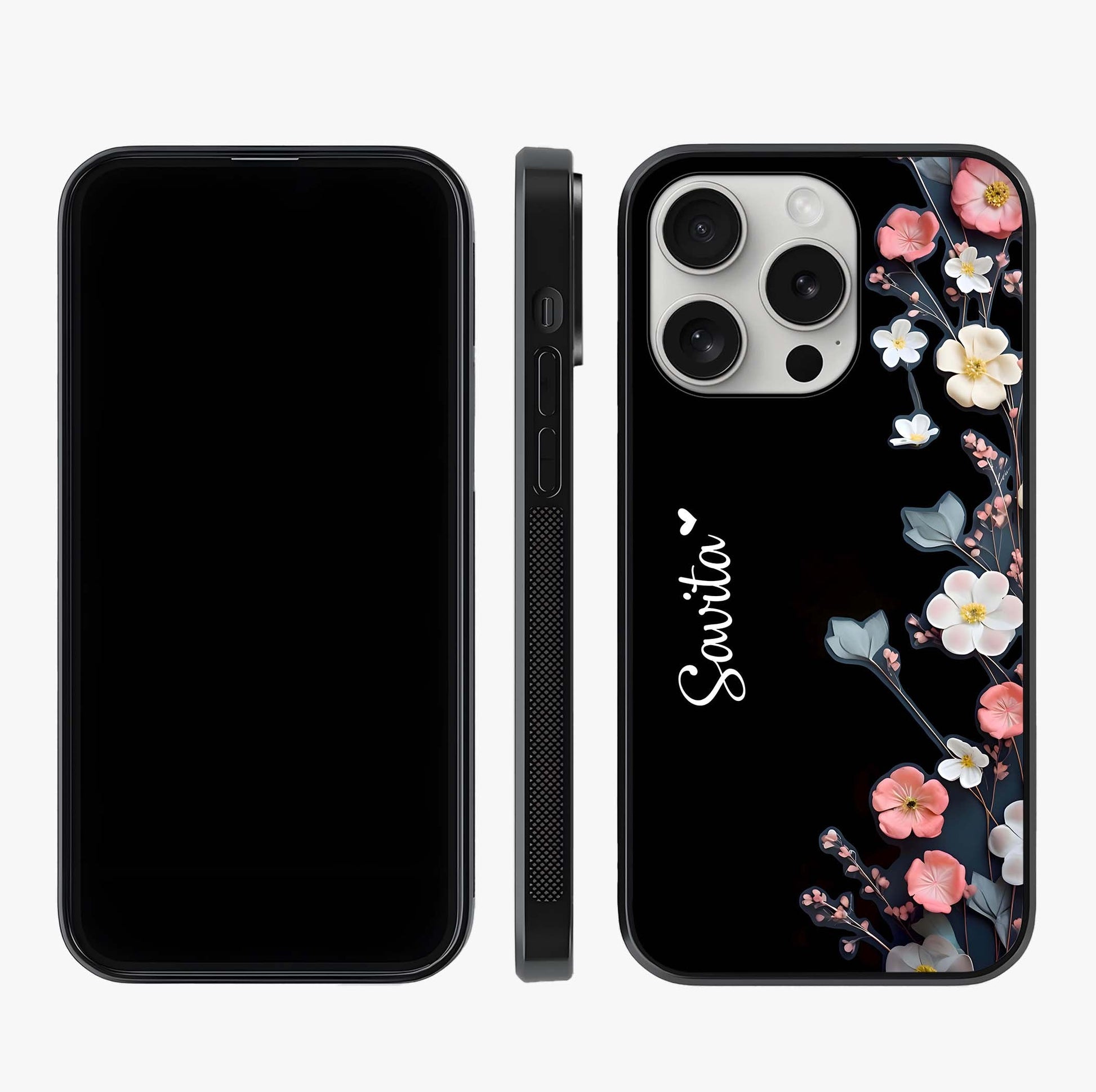 Black Elegance Floral Custom Name Glass Case displayed upright for full design visibility and premium finish.