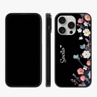 Black Elegance Floral Custom Name Glass Case displayed upright for full design visibility and premium finish.