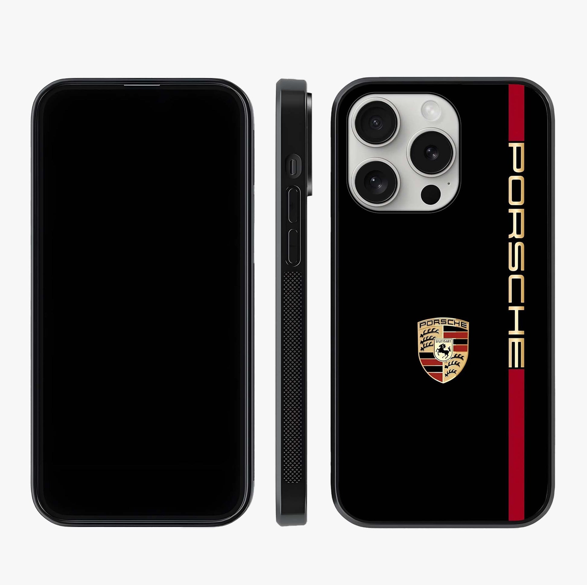 Black Minimal Porsche Glass Case displayed upright for full design visibility and premium finish.