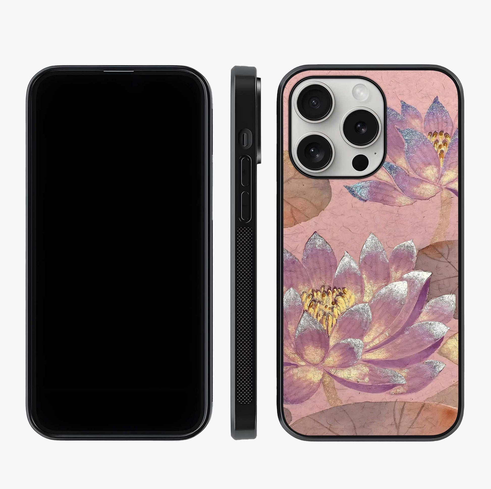 Blossom Mist Lotus Glass Case displayed upright for full design visibility and premium finish.