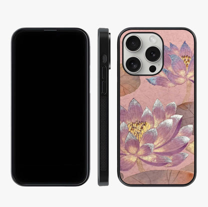 Blossom Mist Lotus Glass Case displayed upright for full design visibility and premium finish.