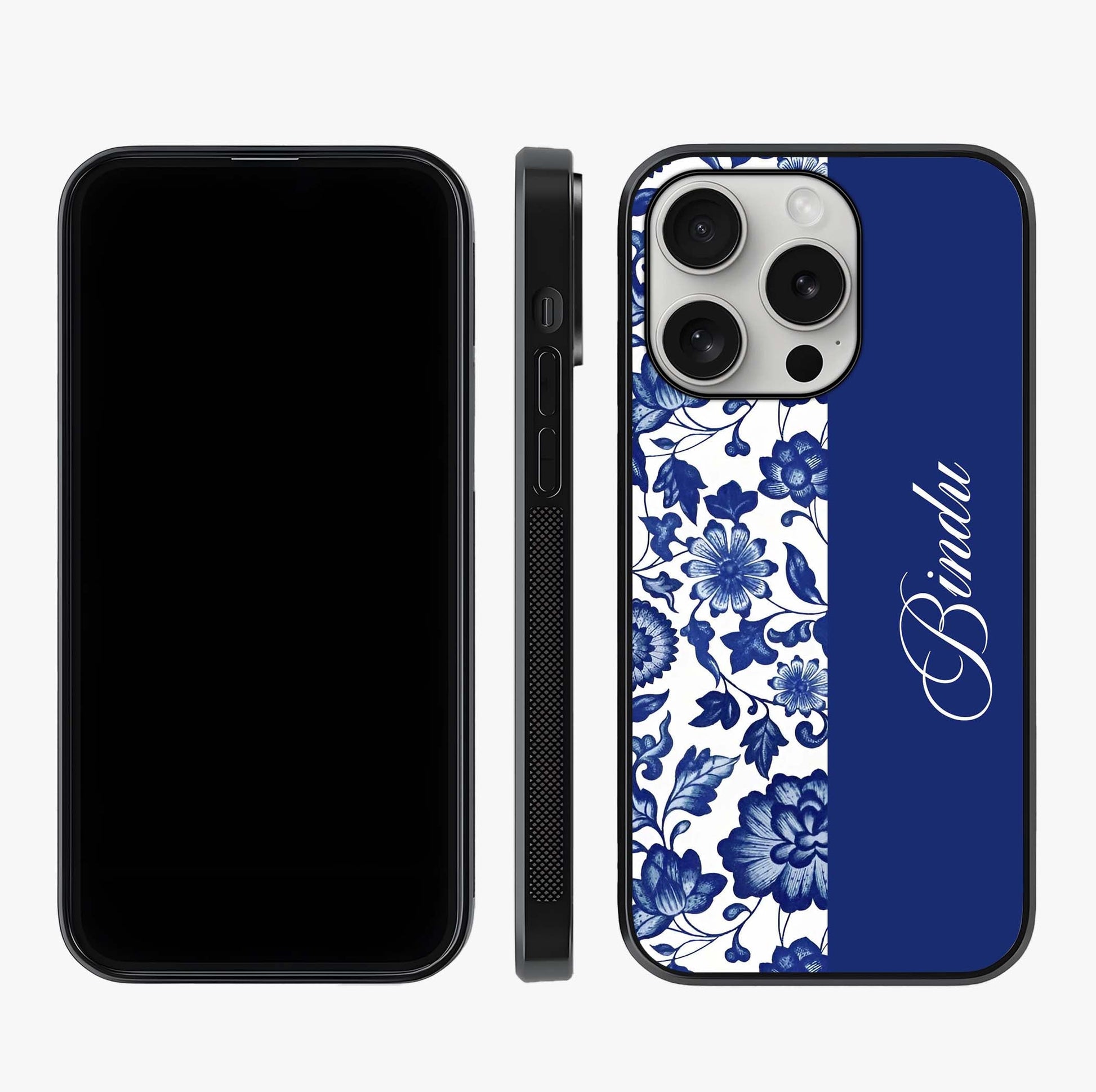 Blue Vintage Floral Pattern Glass Case displayed upright for full design visibility and premium finish.