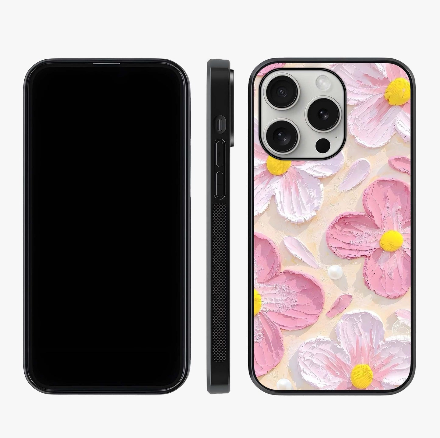 Blush Bloom Texture Glass Case displayed upright for full design visibility and premium finish.