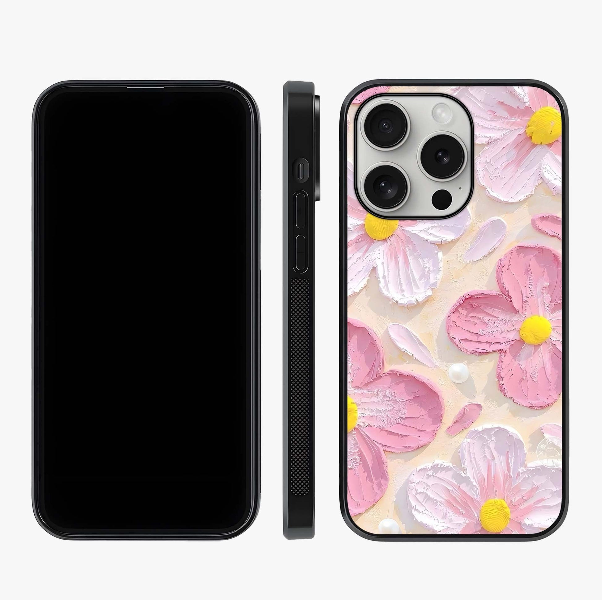 Blush Bloom Texture Glass Case displayed upright for full design visibility and premium finish.