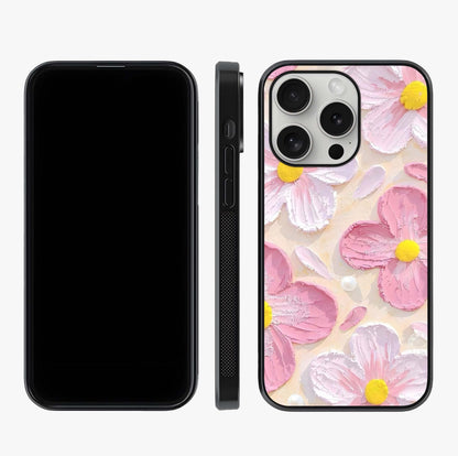 Blush Bloom Texture Glass Case displayed upright for full design visibility and premium finish.
