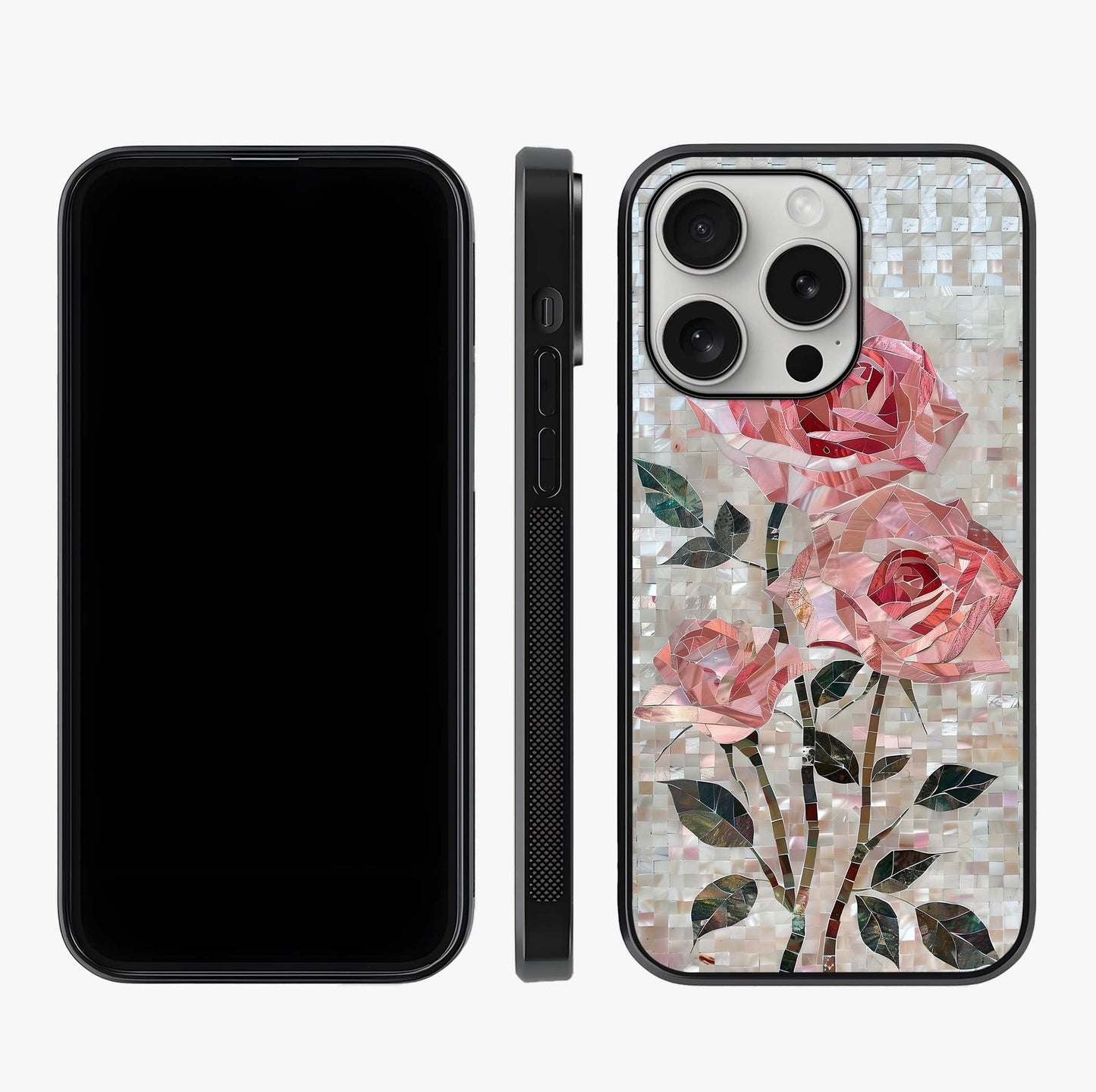 Blush Mosaic Bloom Glass Case displayed upright for full design visibility and premium finish.