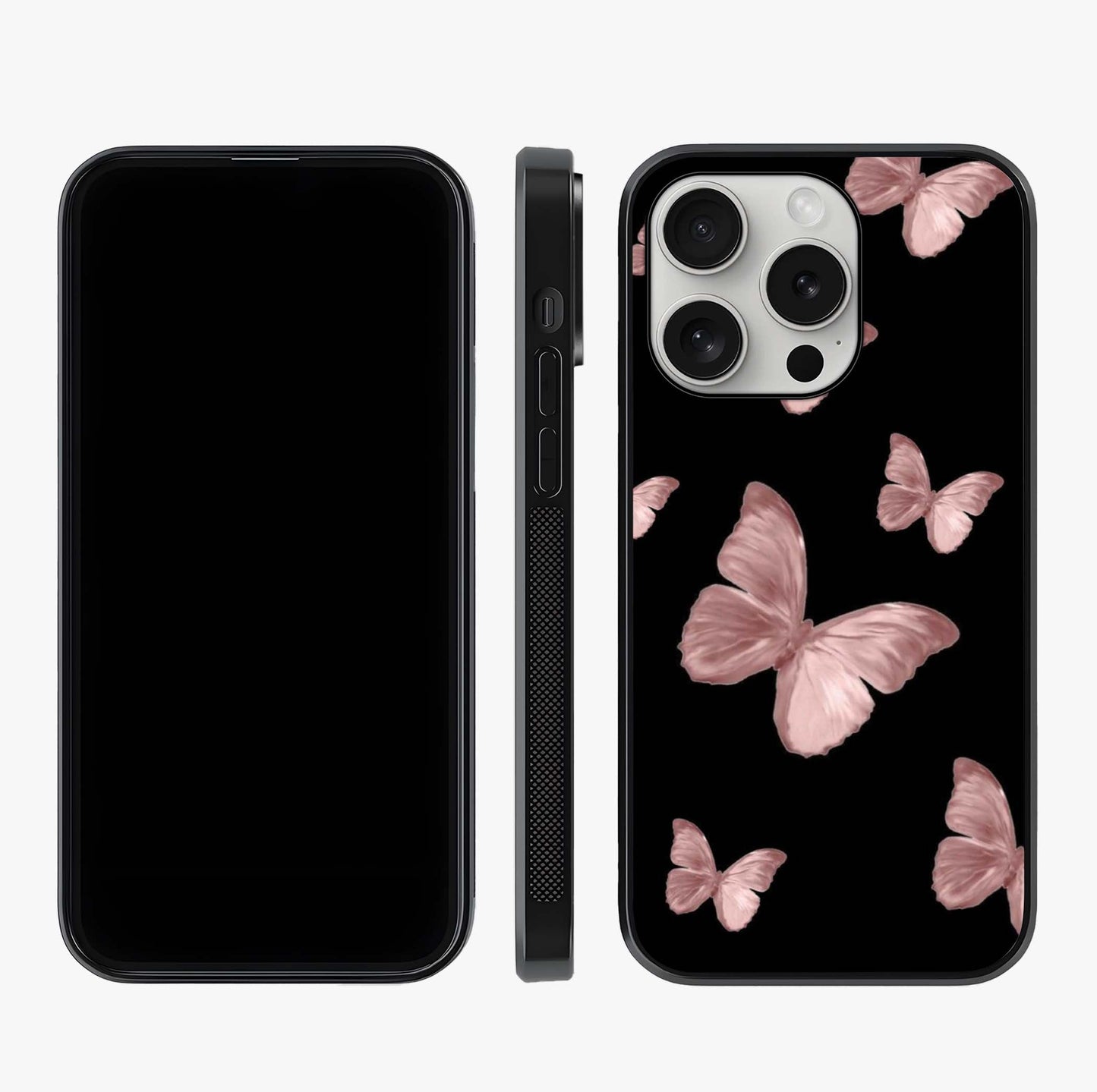 Butterfly Pattern Glass Case displayed upright for full design visibility and premium finish.