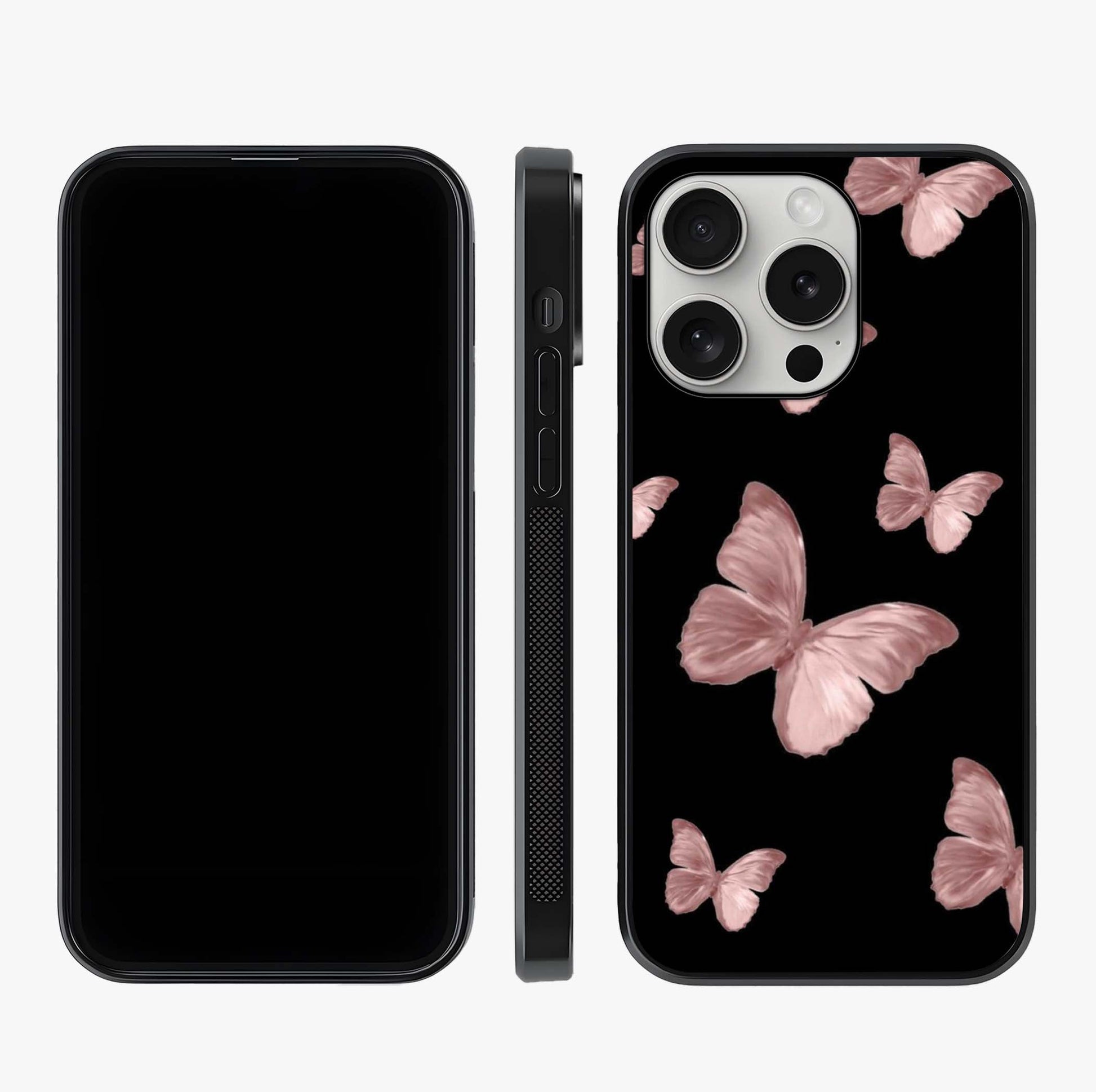 Butterfly Pattern Glass Case displayed upright for full design visibility and premium finish.