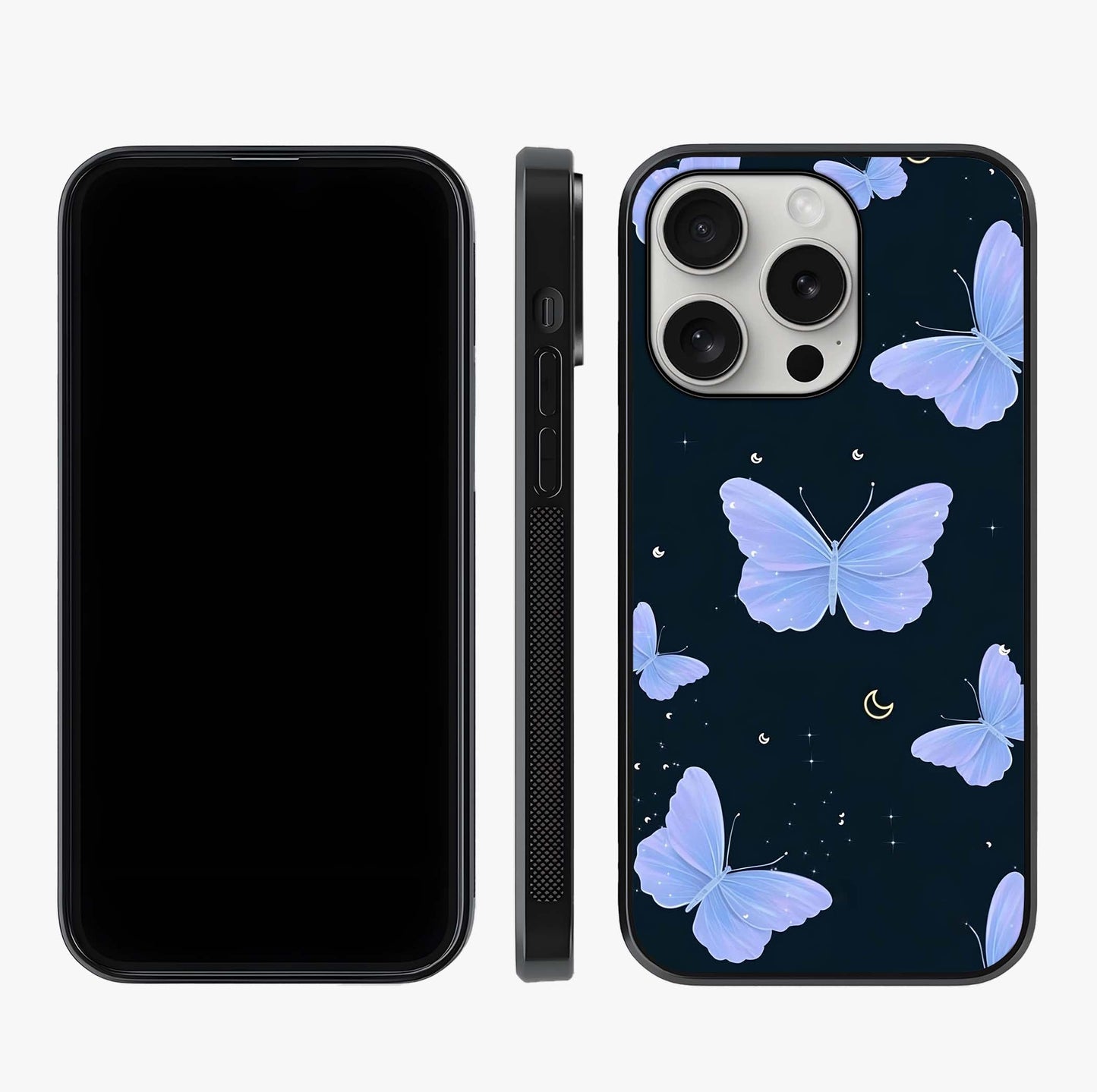 Butterfly With Stars Pattern Glass Case displayed upright for full design visibility and premium finish.
