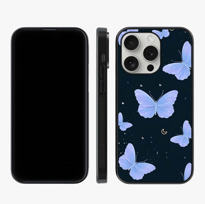 Butterfly With Stars Pattern Glass Case displayed upright for full design visibility and premium finish.