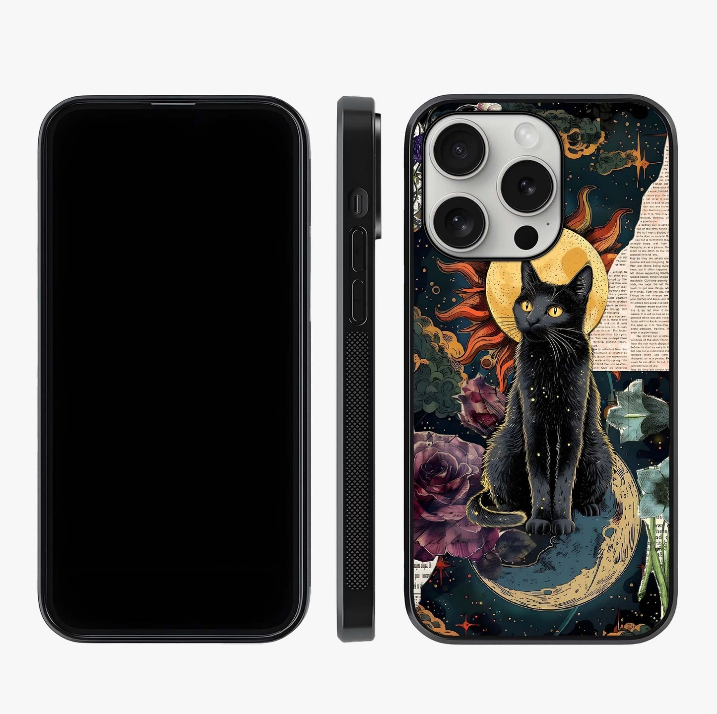Celestial Black Cat Glass Case displayed upright for full design visibility and premium finish.