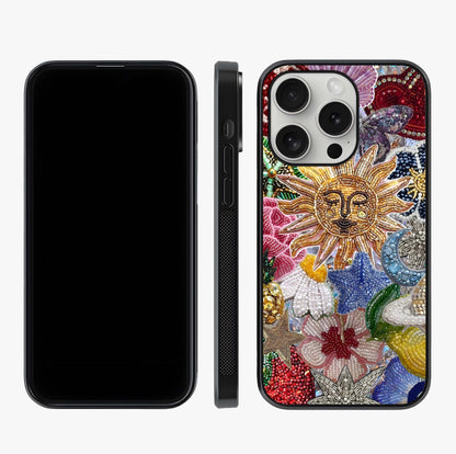 Celestial Floral And Playful Glass Case displayed upright for full design visibility and premium finish.