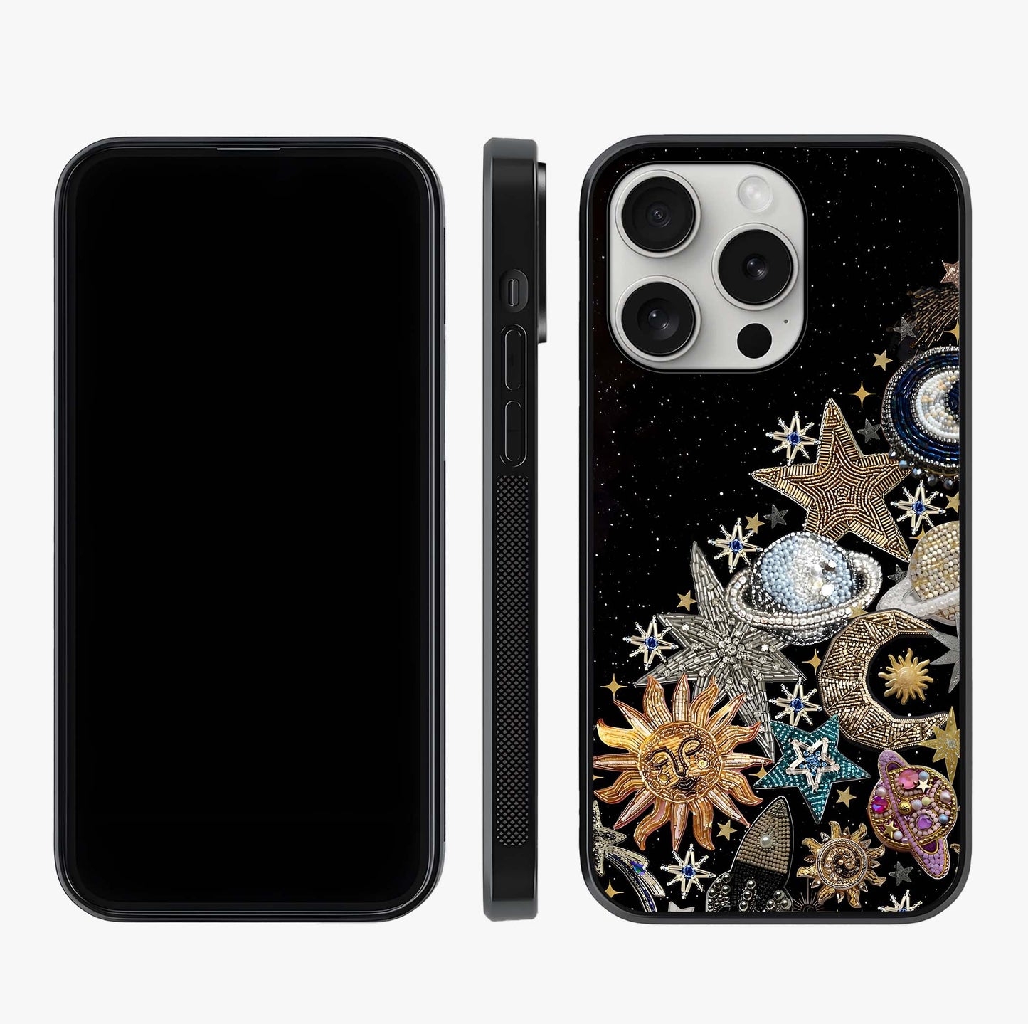 Cosmic Sparkle Dreams Glass Case displayed upright for full design visibility and premium finish.