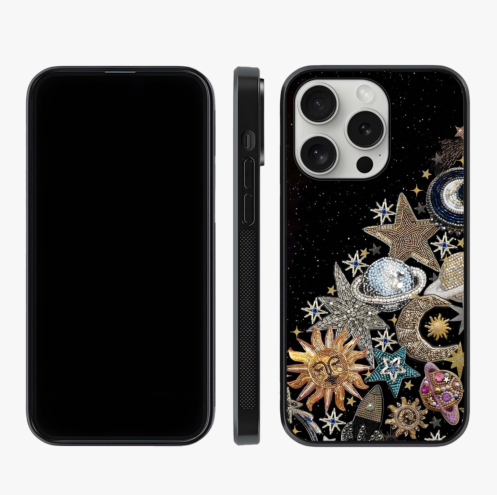 Cosmic Sparkle Dreams Glass Case displayed upright for full design visibility and premium finish.