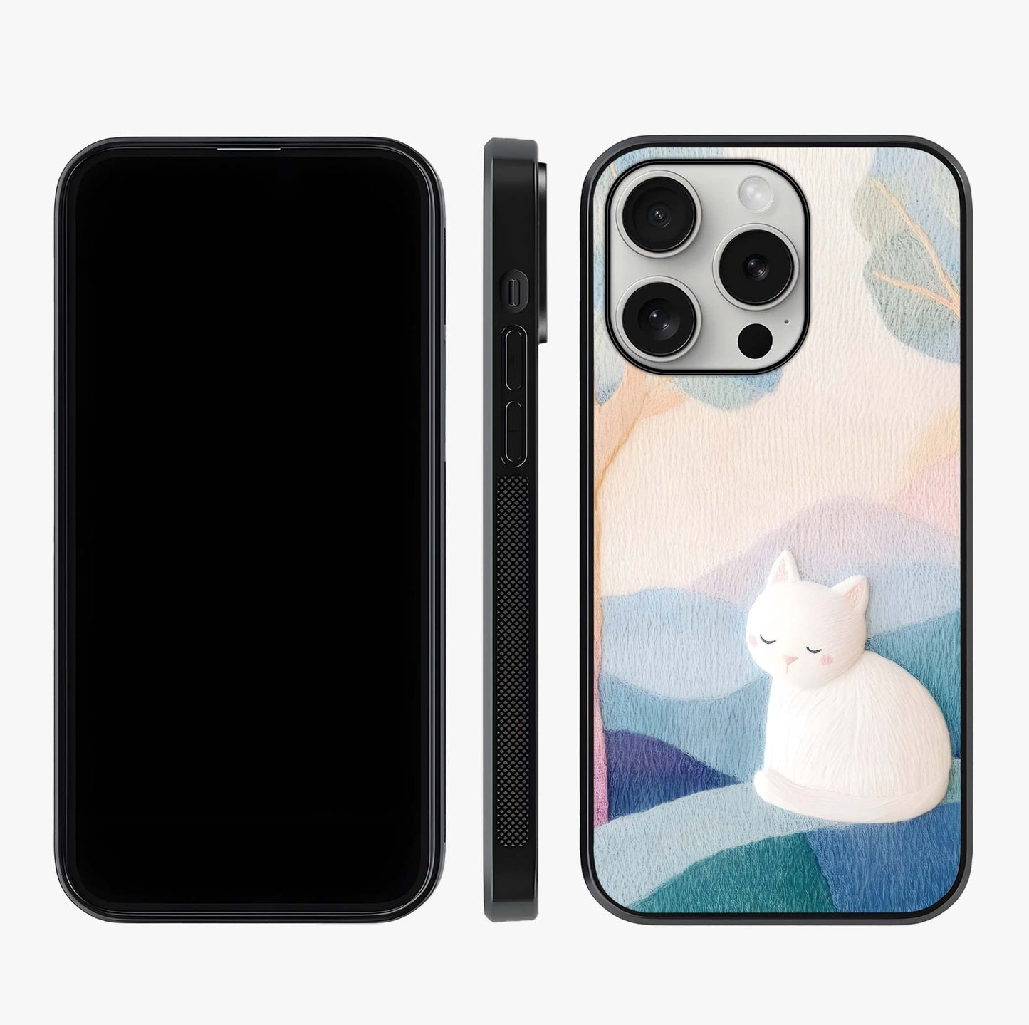 Cotton Dream Cat Glass Case displayed upright for full design visibility and premium finish.