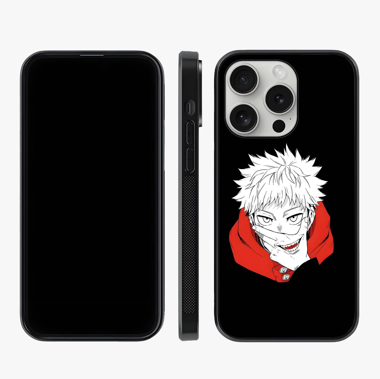 Crimson Chaos Smile Glass Case displayed upright for full design visibility and premium finish.