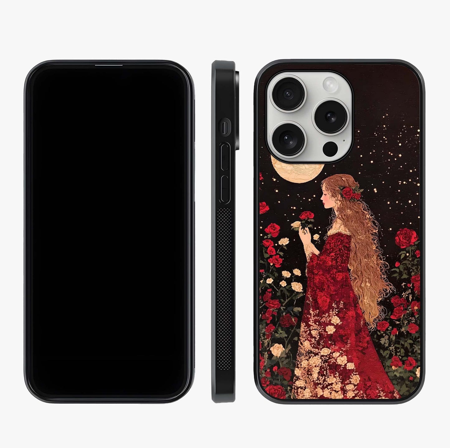 Crimson Dreams Glass Case displayed upright for full design visibility and premium finish.