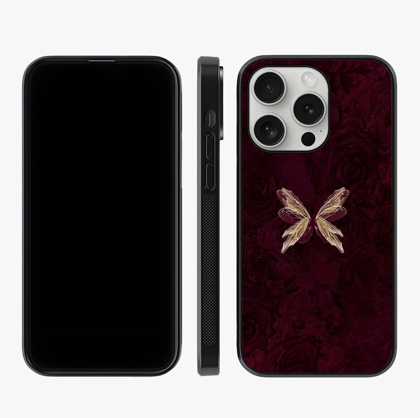 Crimson Fade Butterfly Glass Case displayed upright for full design visibility and premium finish.