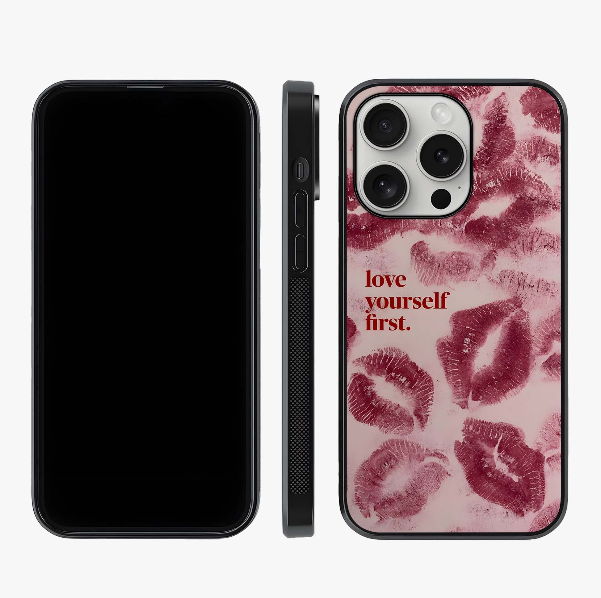 Crimson Kiss Love Glass Case displayed upright for full design visibility and premium finish.
