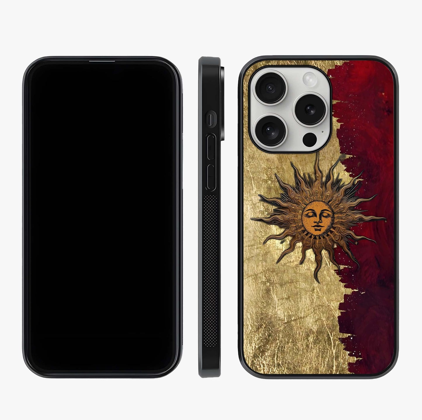 Crimson Sun Majesty Glass Case displayed upright for full design visibility and premium finish.