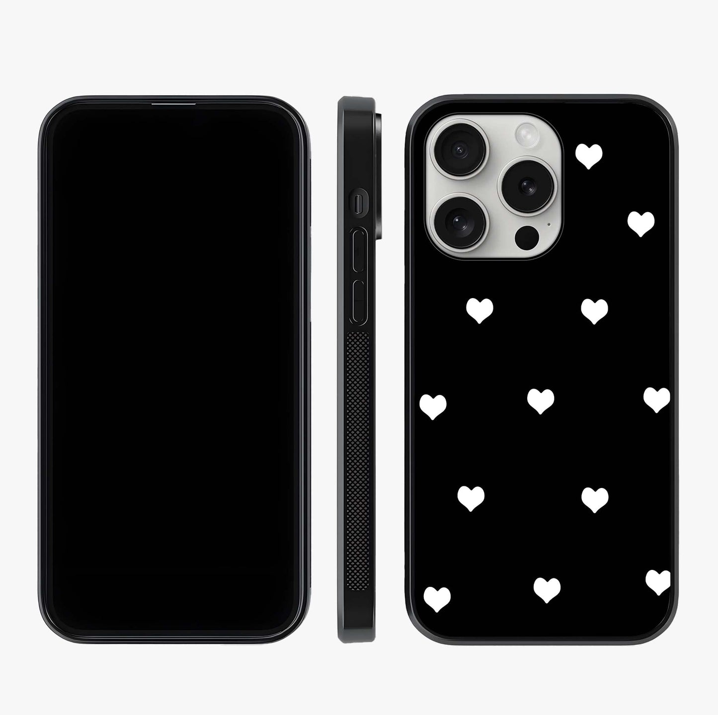 Cute And Simple White Hearts Glass Case displayed upright for full design visibility and premium finish.