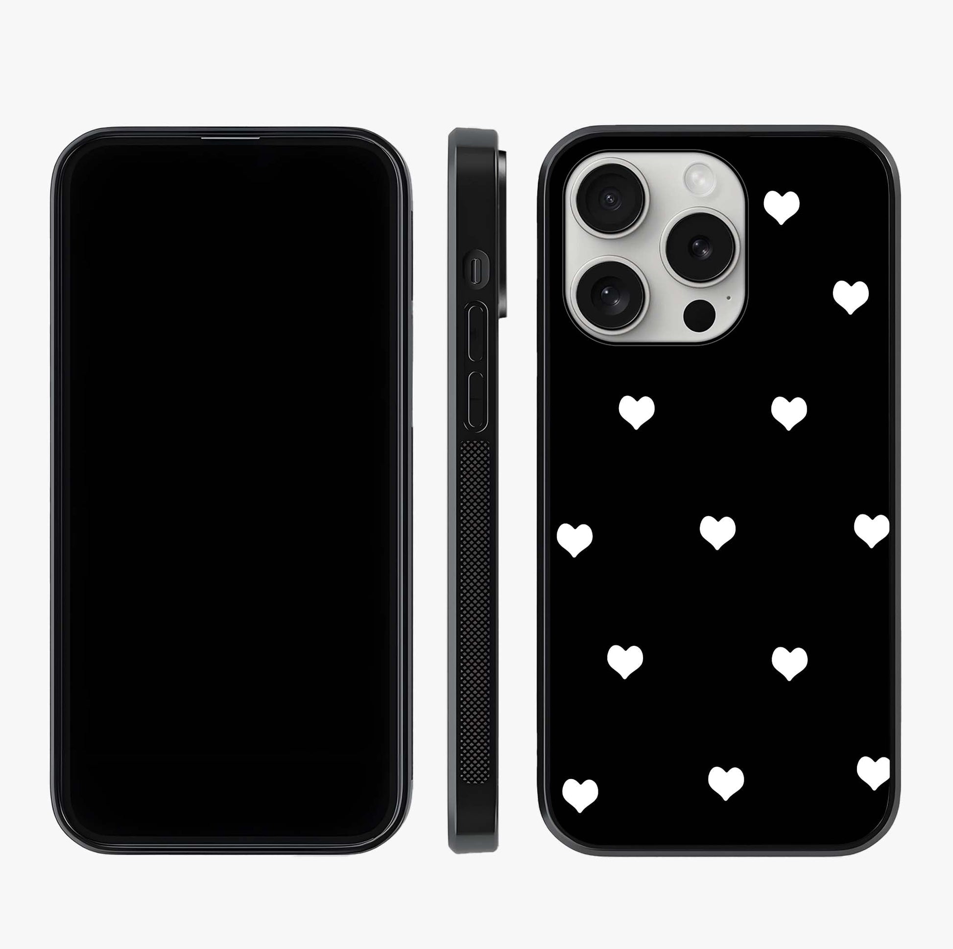 Cute And Simple White Hearts Glass Case displayed upright for full design visibility and premium finish.