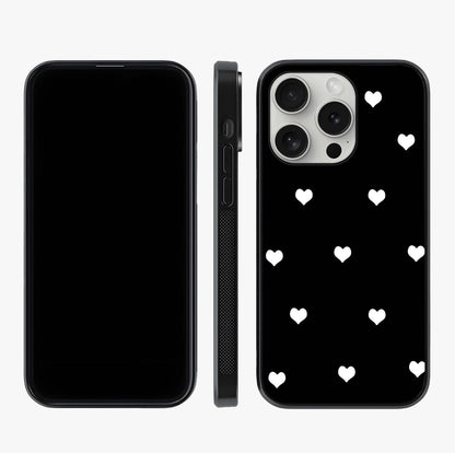 Cute And Simple White Hearts Glass Case displayed upright for full design visibility and premium finish.