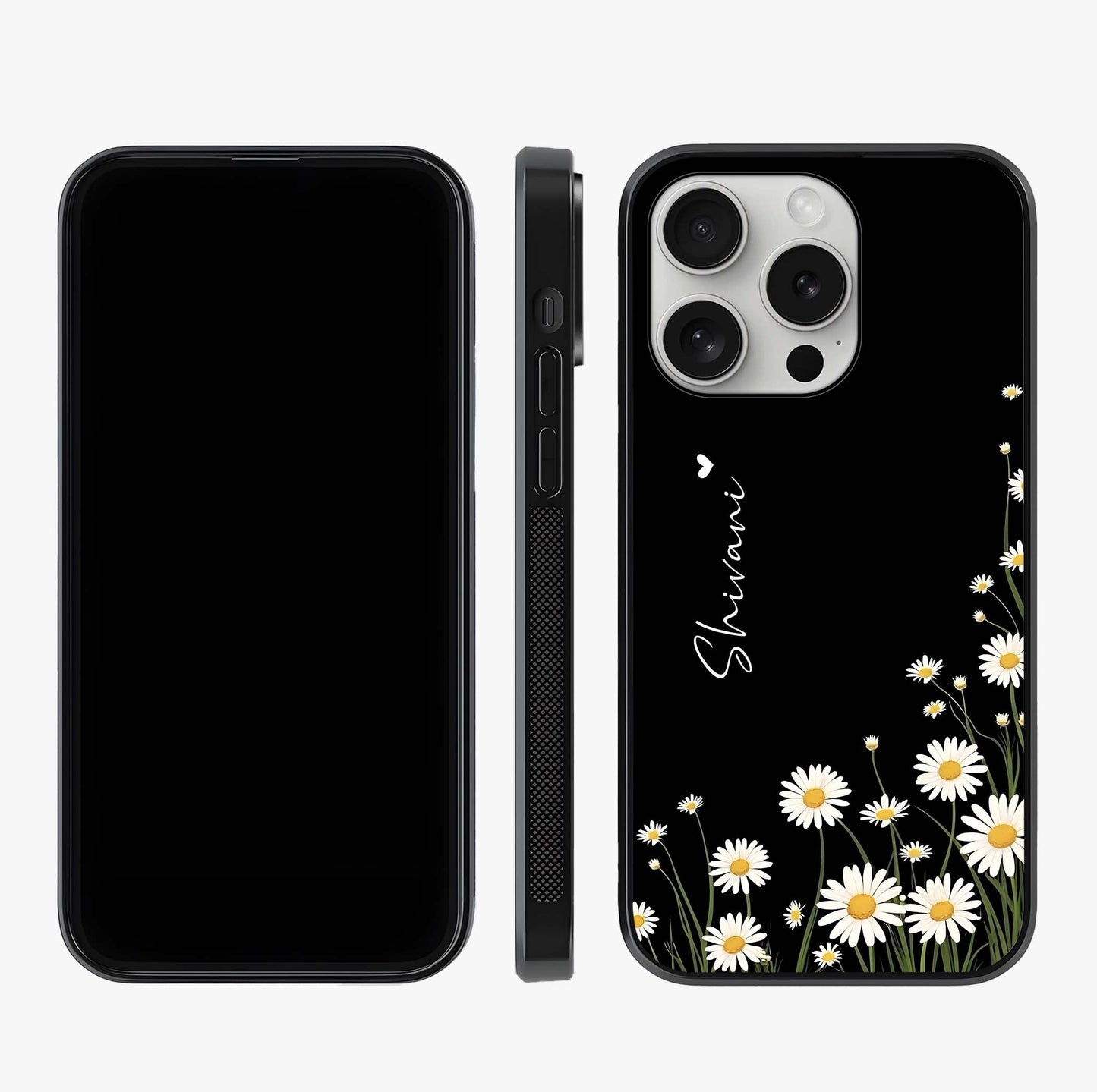 Daisy Cascade Custom Name Glass Case displayed upright for full design visibility and premium finish.