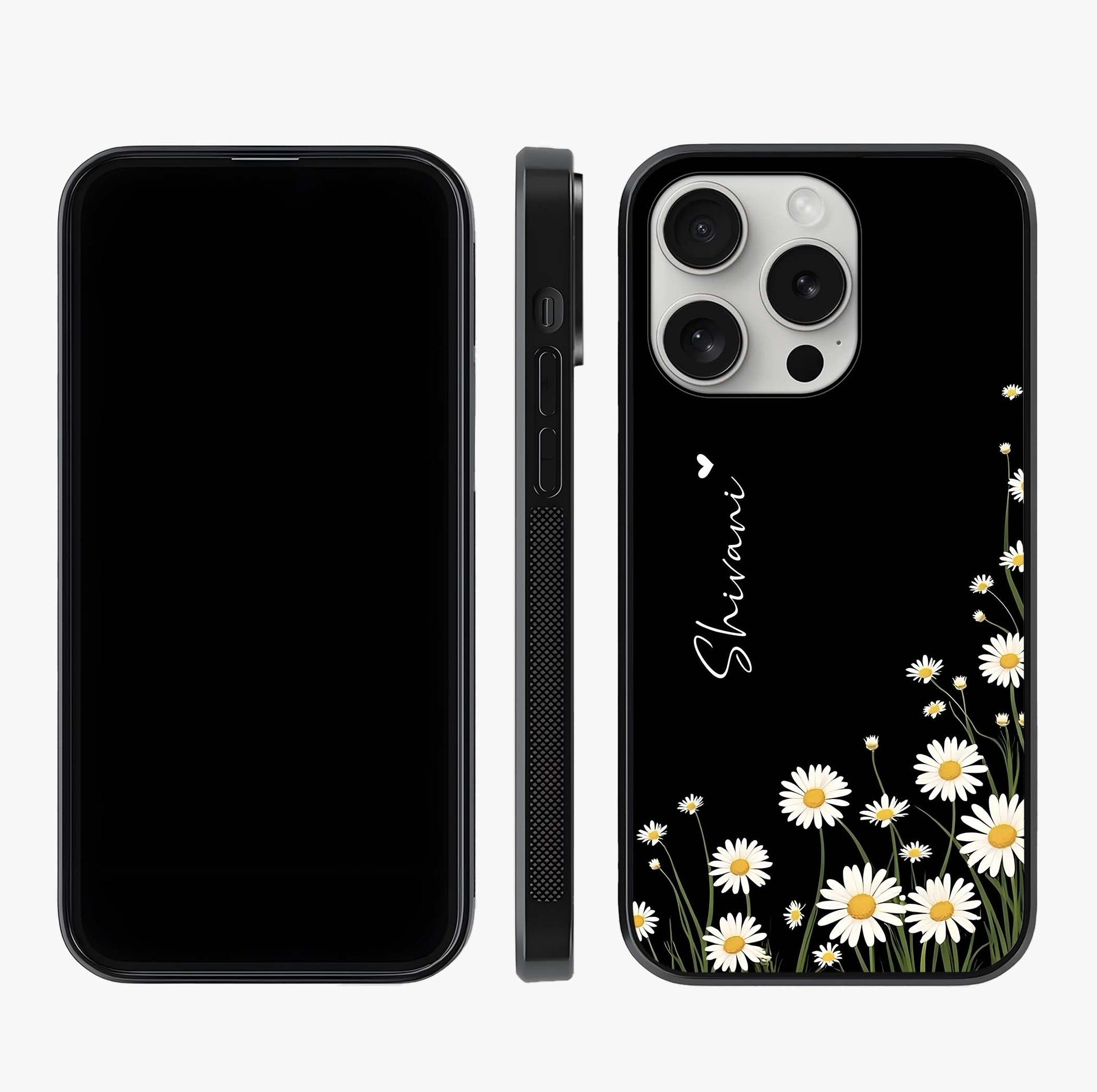 Daisy Cascade Custom Name Glass Case displayed upright for full design visibility and premium finish.