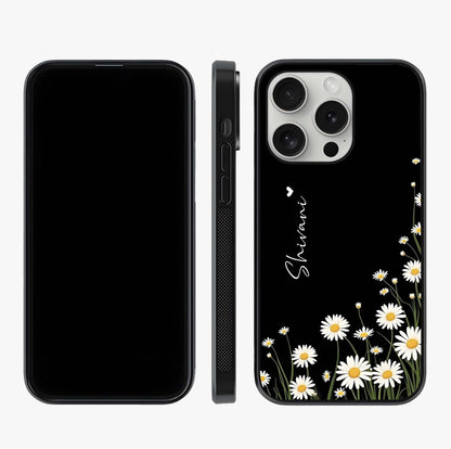 Daisy Cascade Custom Name Glass Case displayed upright for full design visibility and premium finish.