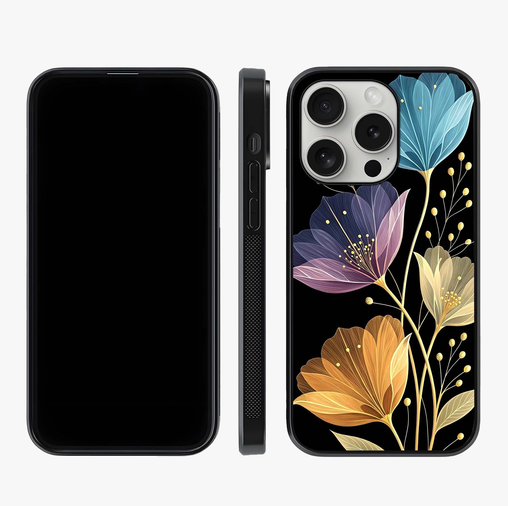 Delicate Multicolor Flowers Glass Case displayed upright for full design visibility and premium finish.