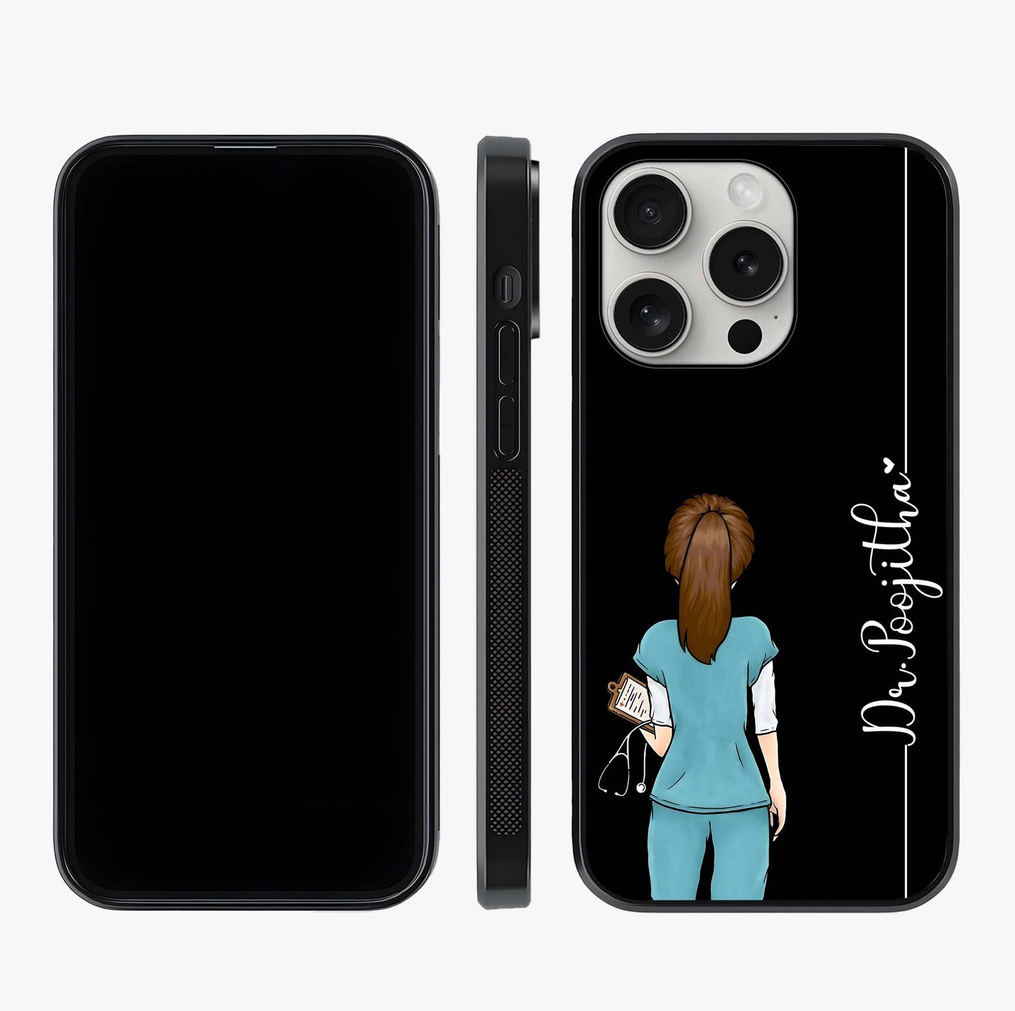 Doctor Pattern Custom Name Glass Case displayed upright for full design visibility and premium finish.