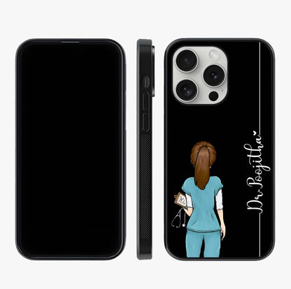 Doctor Pattern Custom Name Glass Case displayed upright for full design visibility and premium finish.