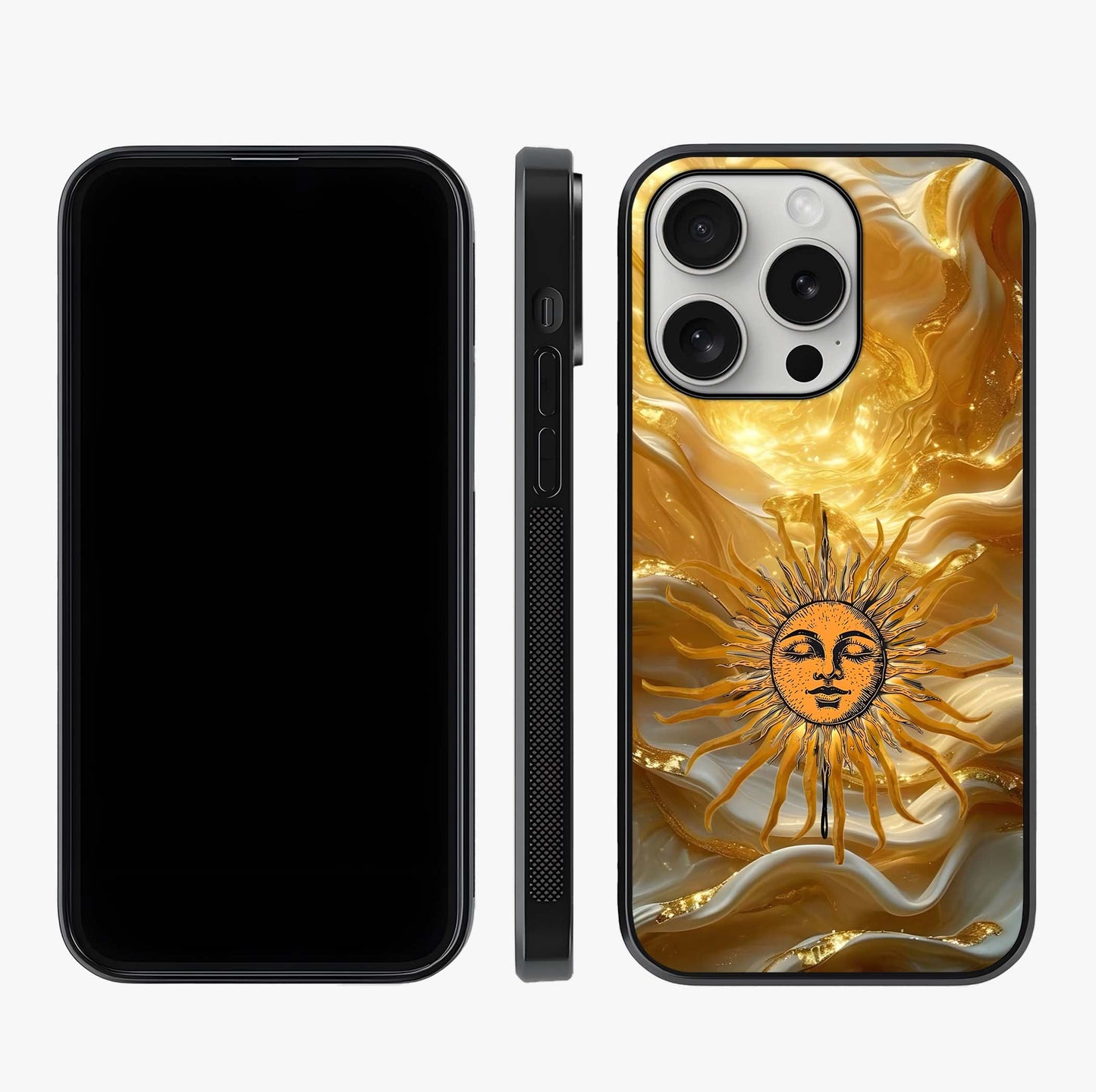 Eternal Golden Glow Glass Case displayed upright for full design visibility and premium finish.