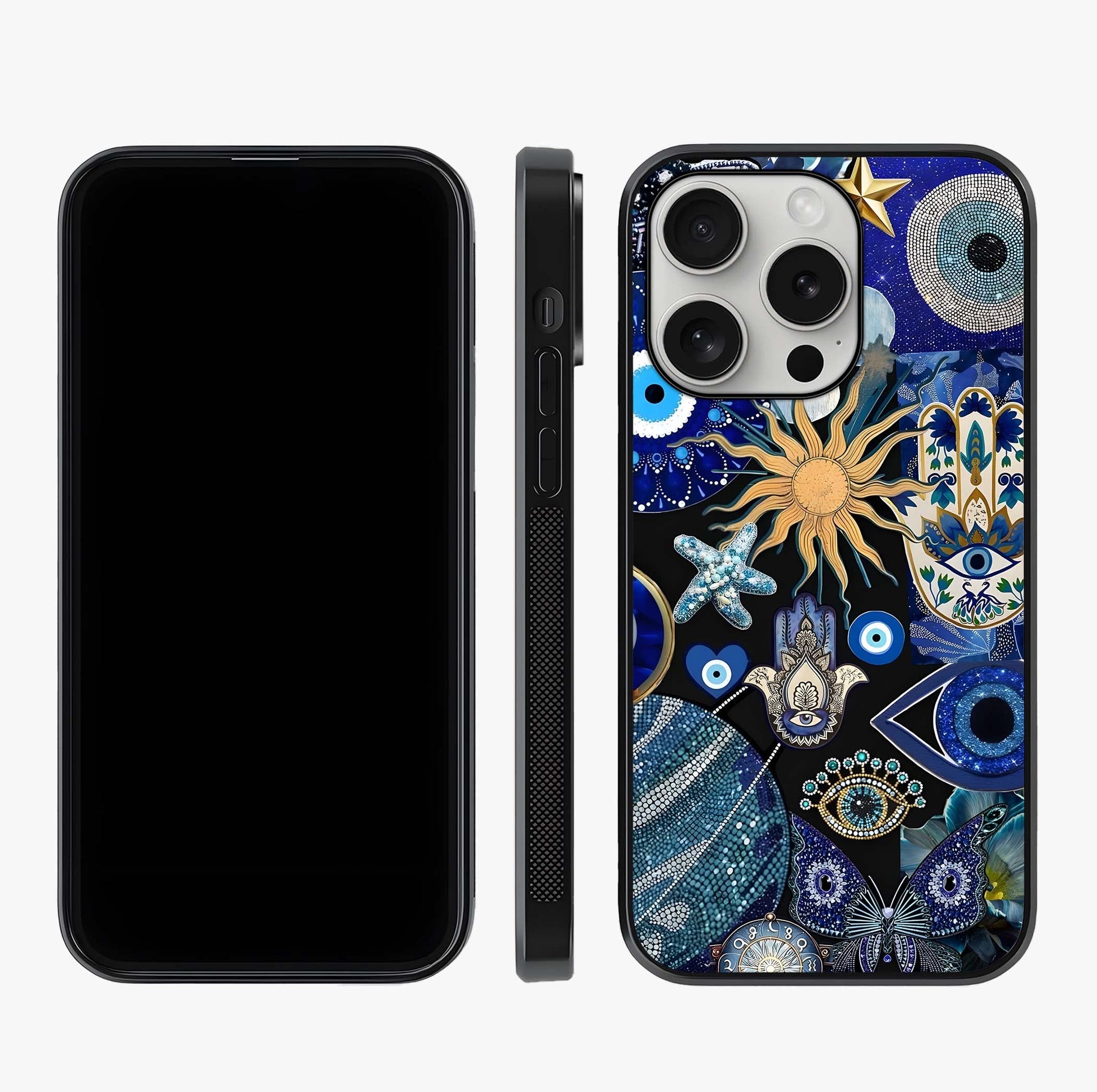Evil Eye Charm Mix Glass Case displayed upright for full design visibility and premium finish.