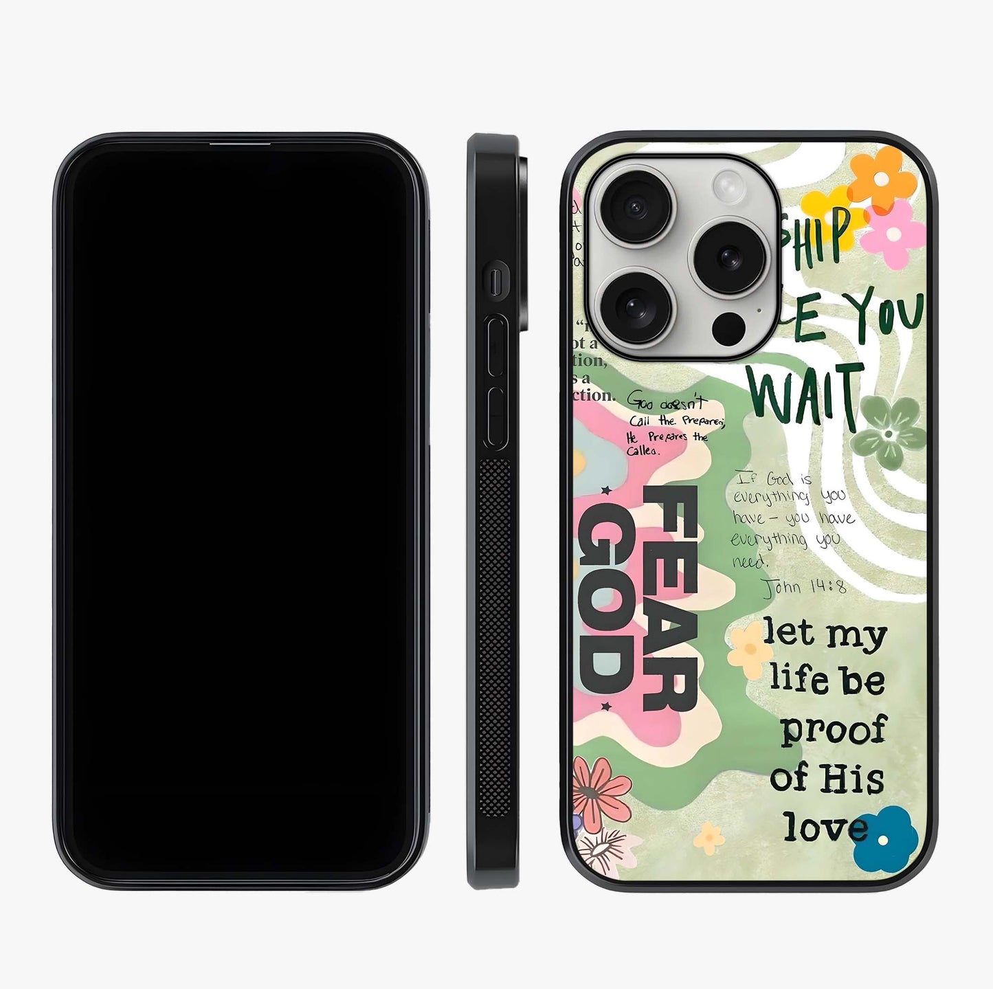 Faith Over Fear Glass Case displayed upright for full design visibility and premium finish.