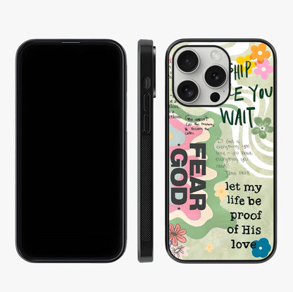 Faith Over Fear Glass Case displayed upright for full design visibility and premium finish.