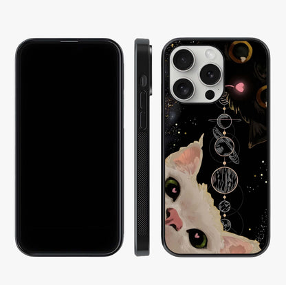 Galactic Cat Glass Case displayed upright for full design visibility and premium finish.