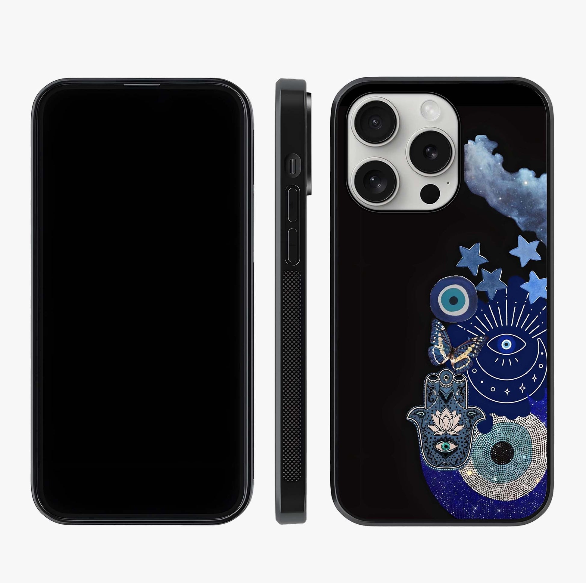 Galactic Charm Cluster Glass Case displayed upright for full design visibility and premium finish.