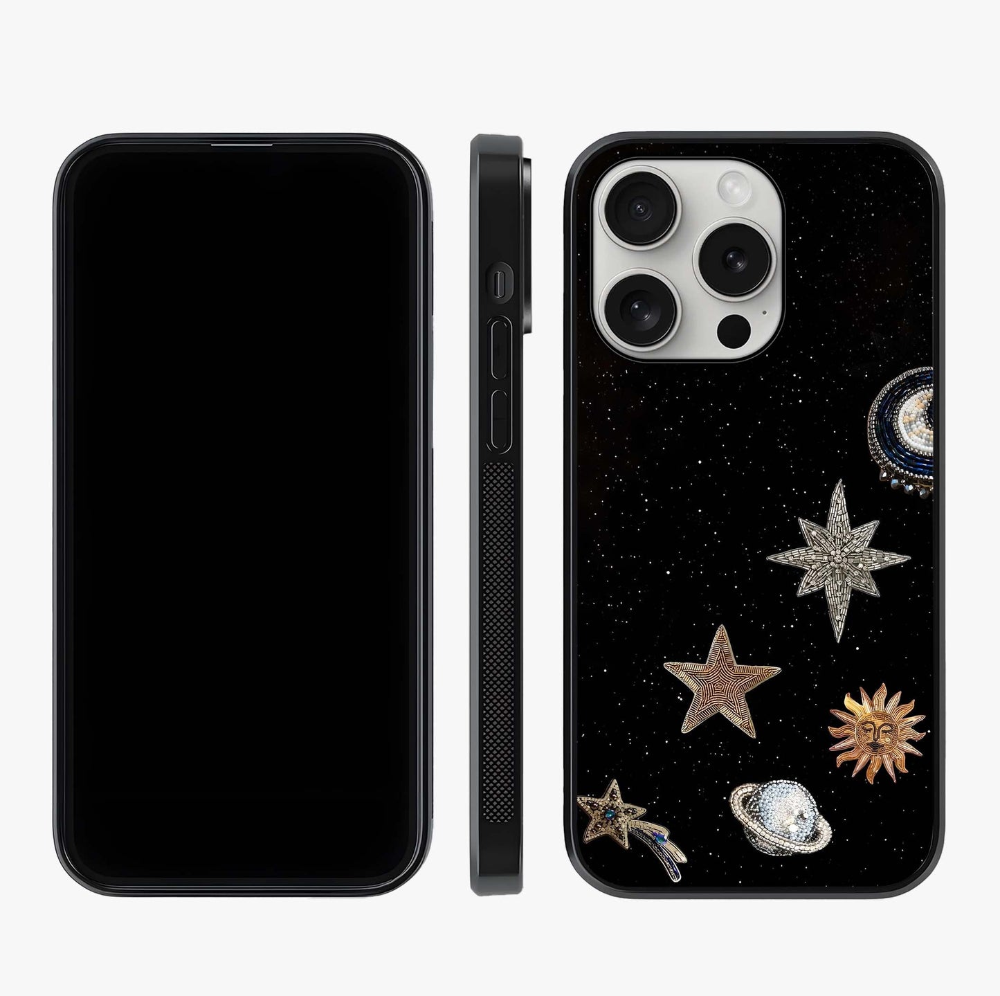 Galactic Charm Glow Glass Case displayed upright for full design visibility and premium finish.