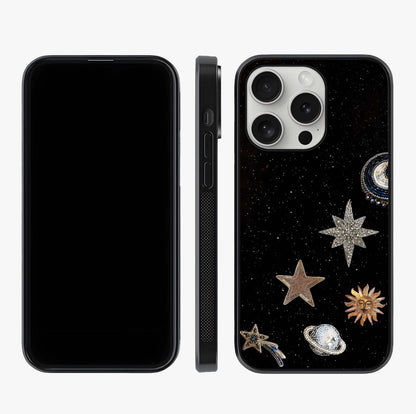 Galactic Charm Glow Glass Case displayed upright for full design visibility and premium finish.