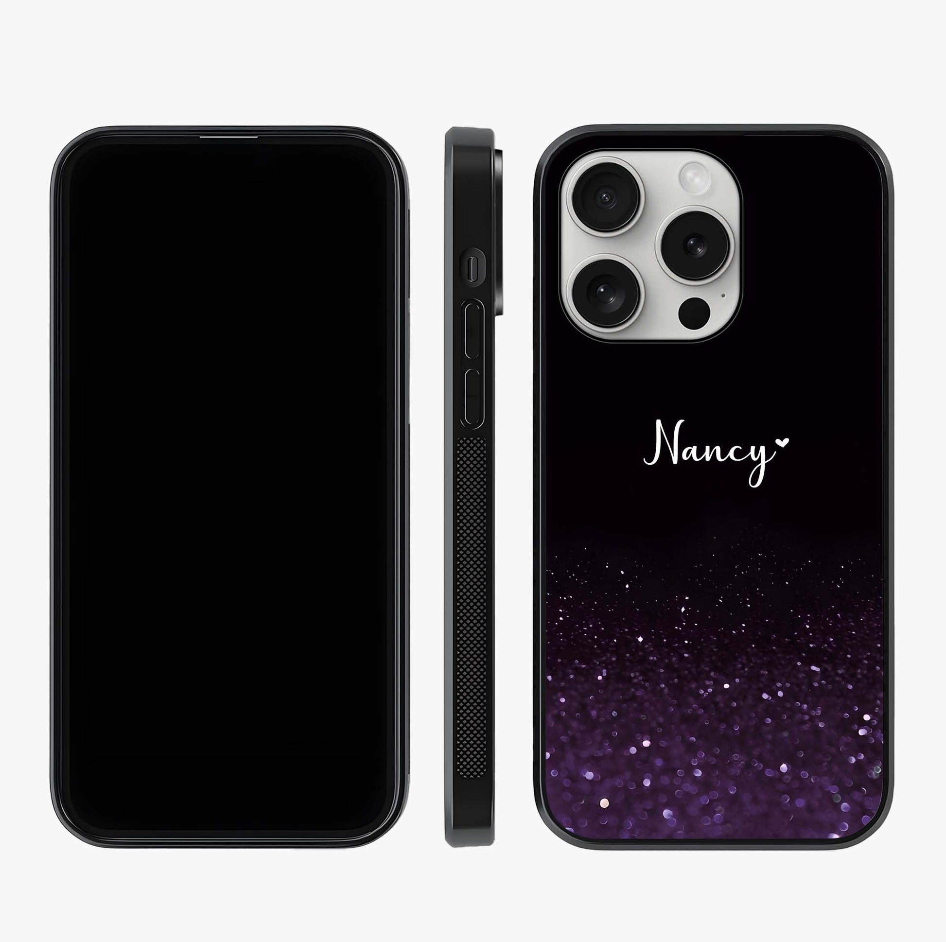 Glittery Purple Bokeh Custom Name Glass Case displayed upright for full design visibility and premium finish.