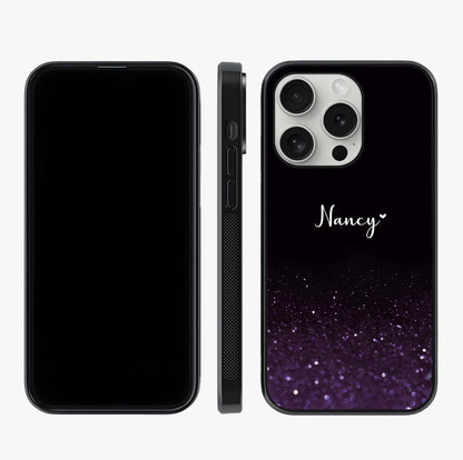 Glittery Purple Bokeh Custom Name Glass Case displayed upright for full design visibility and premium finish.