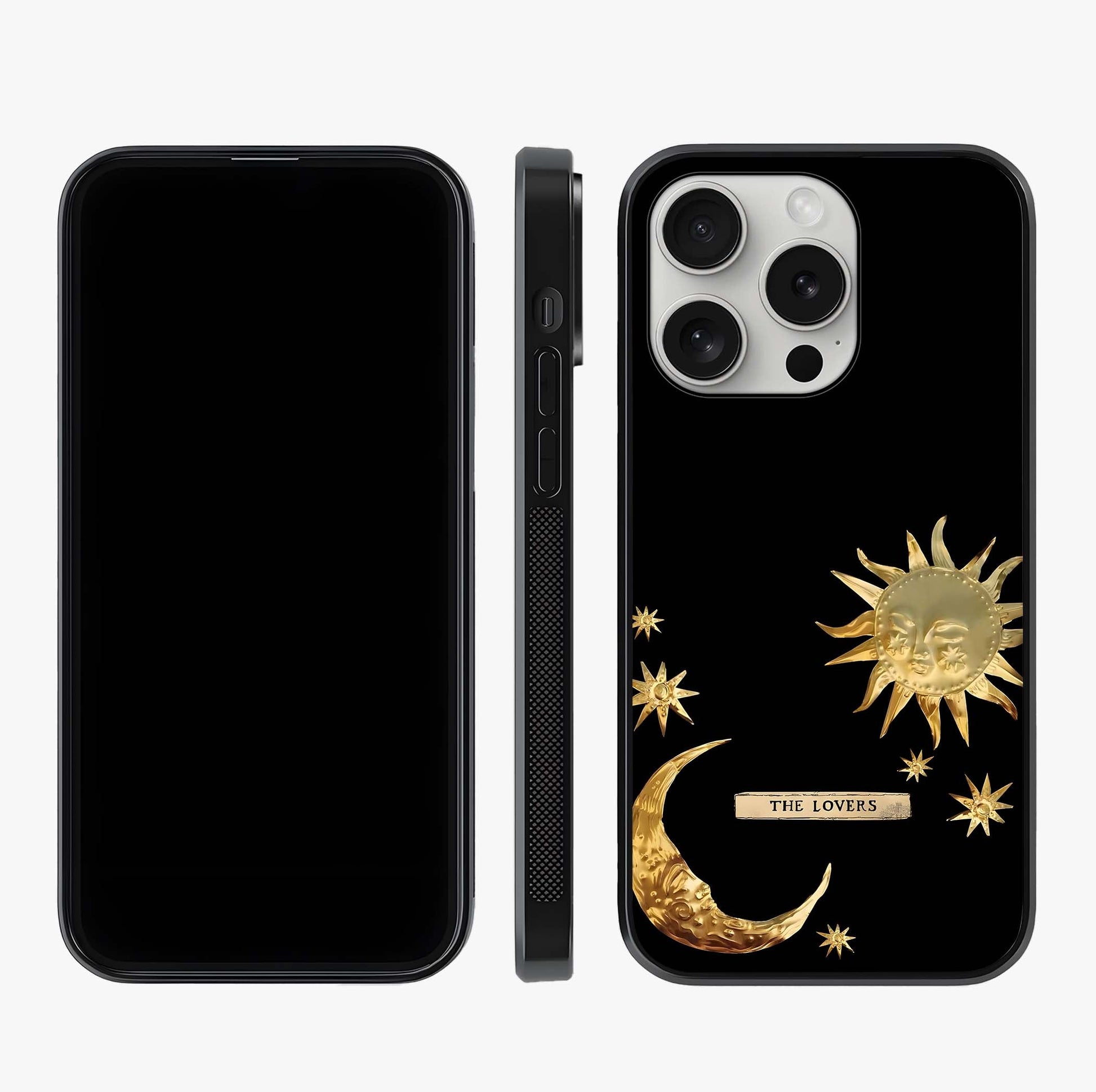 Golden Celestial Charm Glass Case displayed upright for full design visibility and premium finish.