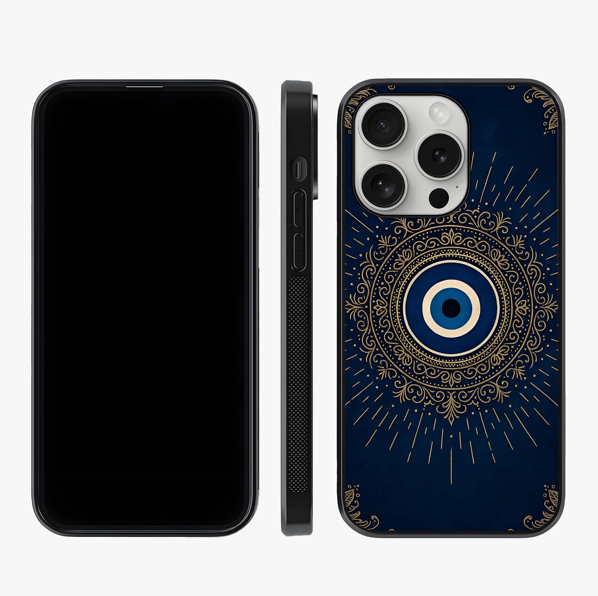 Golden Evil Eye Mandala Glass Case displayed upright for full design visibility and premium finish.